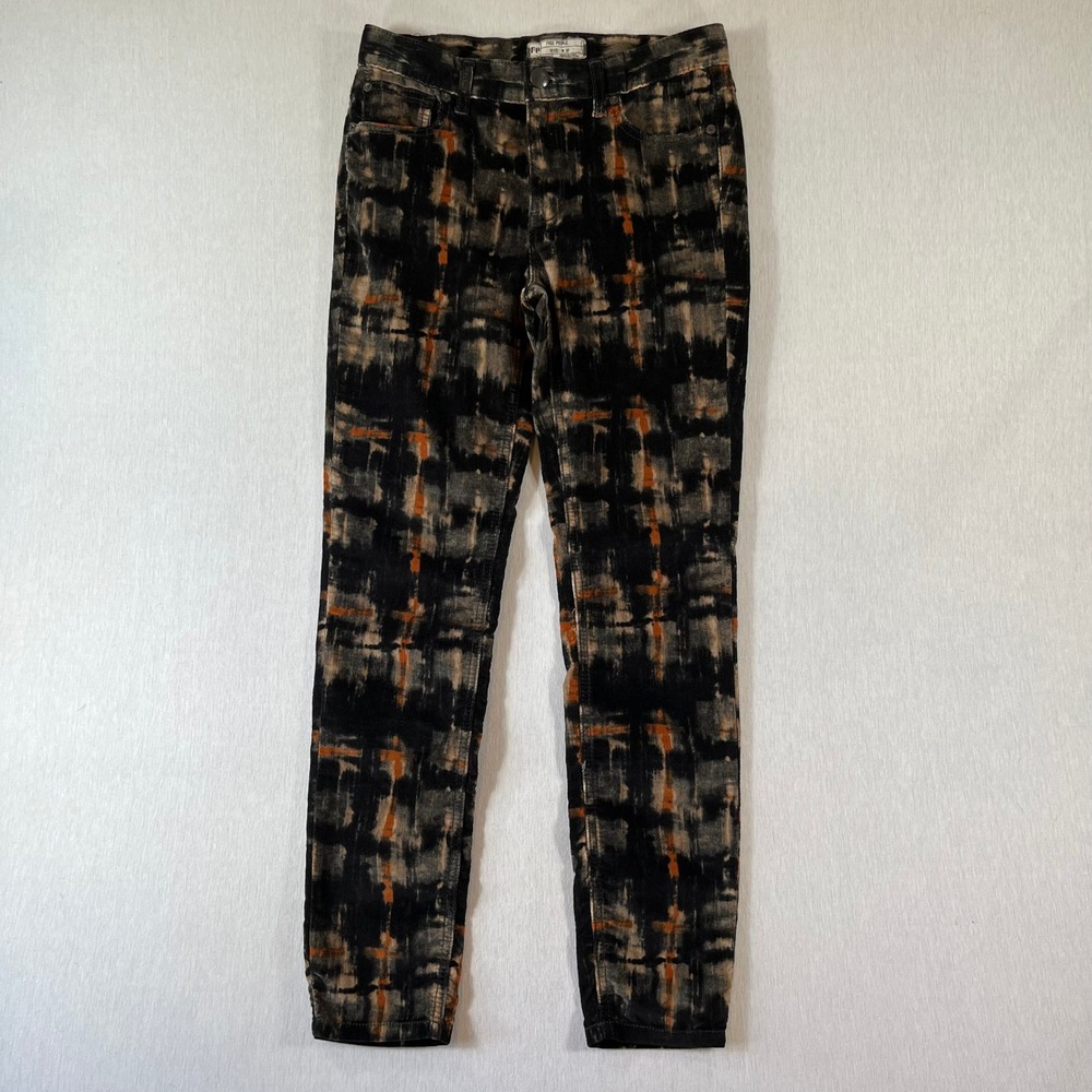 Free People Corduroy Pants W27 Skinny Black Orange Plaid Mid Rise 27.5" Inseam